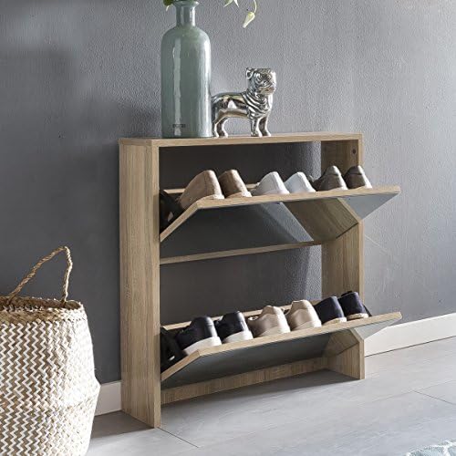 FineBuy tipper NIKI 2 flaps Sonoma with mirror 63x67x17 cm Shoe cabinet wood | Shoe chest closed | Shoe rack high tipper narrow | Shoe storage mirrored | Design hallway furniture hallway furniture