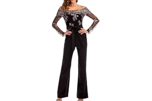 MODAWORLD Tuta Elegante Salopette da Donna Cuciture in Pizzo Pantaloni Lungo Jumpsuit Vestito Abito Cerimonia da Donna