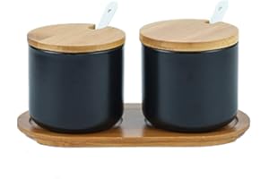 OnePine 260ml Zuccheriera in Ceramica, Contenitore per spezie barattoli spezie Rotonda con Coperchio e Cucchiaio, Design Elegante, per Casa e Cucina (Nero, Set di 2)