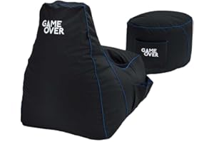 Game Over Worek do siedzenia do gier wideo z podnóżkiem, do użytku wewnątrz i na zewnątrz, wodoodporny, kieszenie boczne i uchwyt na zestaw słuchawkowy, ergonomiczny design dla graczy (Soul-Reaper)