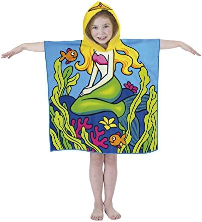 Girls Microfibre Towelling Pretty Mermaid Hooded Beach &amp; Bath Robe Poncho Towel
