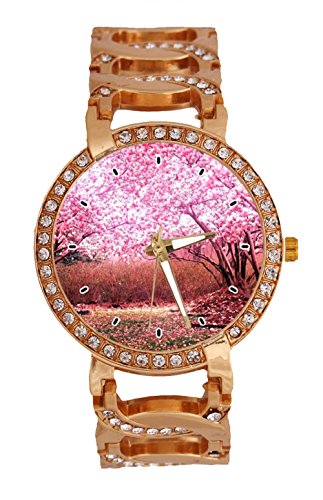 Preisvergleich Produktbild jkfgweeryhrt Scenic Nature Blossoms Damen-Armbanduhr, analog, Quarz, mit Kette, Armband, Roségoldfarben, Edelstahl