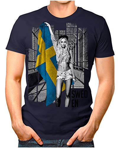 OM3® – Sweden-Soccer-Girl – Herren T-Shirt EM 2020 Fußball Trikot Sexy Frau Schweden Sverige Vintage Navy XXL