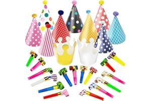 JEFFOUOO 27 Stück Partyhüte Set,Partyhüte Kindergeburtstag,Party Hüte zum Geburtstag mit Pompons,Geburtstagshut Lufttröte Pfeife Partyhütchen Geburtstag Kegel Hüte für Kinder Geburtstagsfeier Baby Shower