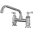 Commercial Kitchen Mixer Tap Double Wheel Handle with Swivel Spout Sink Tap, 2 Hole 8 Inch Center Deck Mounted, Brass Constructed Polished Chrome (8inch spout)