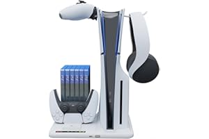 LILITOK LiLTok per PS5 Slim stazione di ricarica verticale con ventola, dock di raffreddamento con 6 organizer per dischi e gancio per cuffie