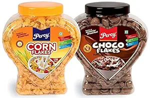 Percy Cornflakes and Choco Flakes Combo of 2 Jars [Children Cereal, Chocos High Iron and Fibre Breakfast] Jar, 740 g