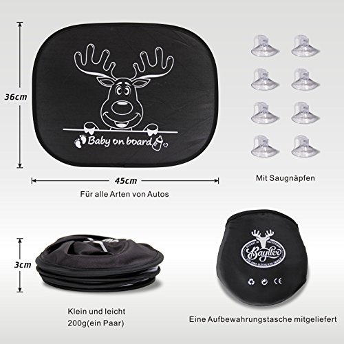 BAYTTER® 2 Stück Auto Baby Sonnenschutz + Sonnenblende Babyaufkleber mit „Baby on Board“ Sonnenschutzblende für Baby mit Saugnäpfen Anti-UV Schutz - 4