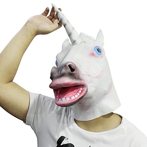 Weiß Einhorn Kopf Maske, Cusfull Einhornmaske Einhorn Latex Fasching Knopf Maske Vollmaske Tiermaske für Halloween Cosplay Kostüm - 4