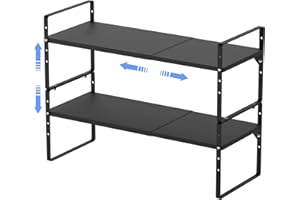 ARCCI Expandable Kitchen Cabinet Shelf Organizers 2 Pack, Stackable Metal Pantry Storage Shelves Rack, Adjustable Counter Shelf for Cabinets, Countertop, Cupboard Organizers and Storage, Black