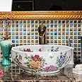 Vintage Floral Butterfly Flower Painting Patterned Round Bathroom Cloakroom Ceramic Counter Top Wash Kasbah Floral Basin Sink Washing Bowl 400 mm X 400 mm X 150 mm