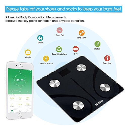 RENPHO® Körperanalysewaage mit Bluetooth /Web Connect Smart Scale/Digitale Personenwaage/Körperfettwaage für Gewicht, Körperfett, Wasseranteil, Muskelanteil, Knochenmasse, BMI Werte, etc. Gratis App: RENPHO für iOS und Android, max. 180kg/0,05kg, Schwarz - 3
