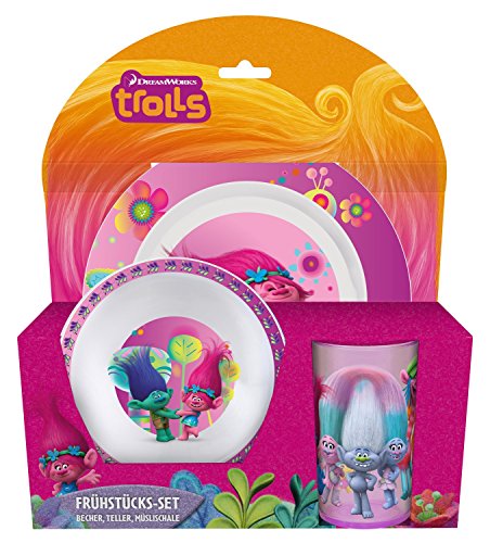 p:os 25821 Frühstücksset DreamWorks Trolls, 3 teilig, Teller, Schüssel und Becher