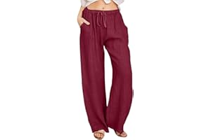 Chnnamzu Pantalon Lin Femme Été Fluide avec Cordon De Serrage Taille Elastique Léger Confortable Pantalon de Plage Couleur Unie Casual Pantalon de Yoga Jambes Larges Ample Coton et Lin Pantalon
