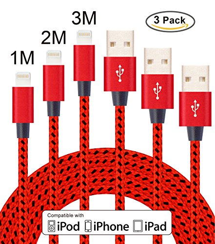 Flashstye 3 Pack 1M 2M 3M iPhone Charger Nylon Braided Lightning to USB Cable Apple lightning cable for iPhone 7 Plus 6S Plus 6 Plus SE 5S 5C 5, iPad 2 3 4 Mini, iPad Pro Air, iPod.(Red Black)
