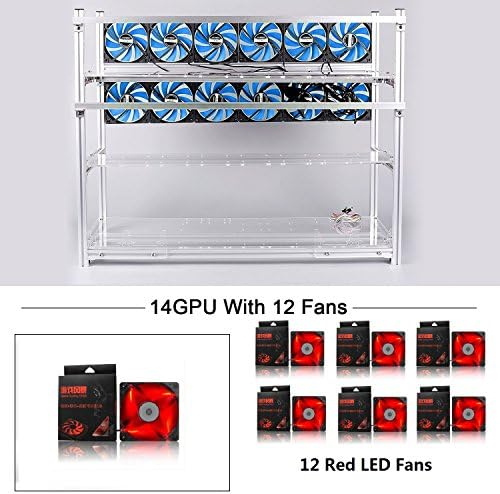 14 GPU Mining Rig Aluminum Stackable Case With 12 LED Fans Open Air Frame Miner Kit For ETH/ZEC/Bitcoin/Decred/Z Cash (Silver-RF)