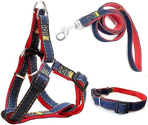 Eightnight Adjustable Durable Denim Dog Harness Leash Leading Strap Collar Set for Training Walking Running(Middle)