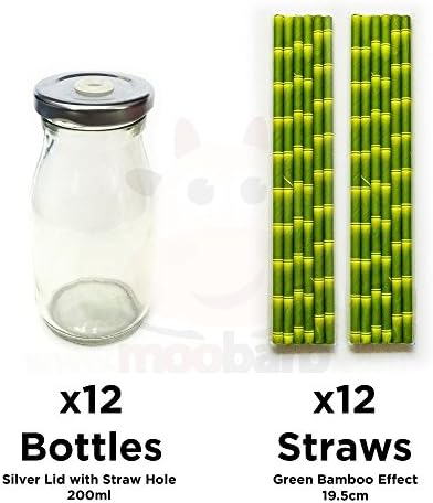 Unowall Set of 12 Milk Bottles with Silver Lids & Holes with 12x Straws (2x JM-STRAW-1008 - Green Bamboo Effect )