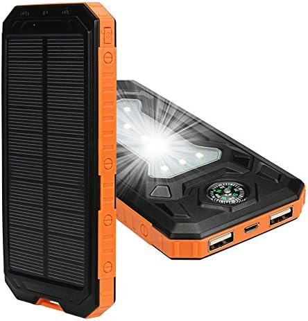 Solar Charger Power Bank Tingso 20000mAh Portable Battery Charger Bank Dual USB Portable Solar Battery Bank Charger Solar Panel with LED Light and Compass for iPhone iPad Samsung Mobile phone (Compass Black+Orange)