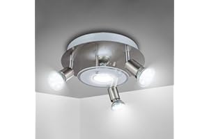 DINGLILIGHTING 4 Way Round Plate LED Ceiling Spotlight, Modern Brushed Nickel Rotatable Ceiling Light for Bedroom Living Room, Adjustable Kitchen Lights Fitting 4 x 3W Warm White GU10 Bulbs Included