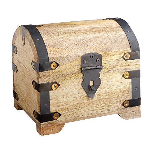 Casa Vivente - Coffre au trésor avec Armatures métalliques - Coffret Rustique et Vintage - Boîte à Bijoux - Tirelire - Boîte de Rangement en Bois Clair - Grande Taille : 14 x 11 x 13 cm
