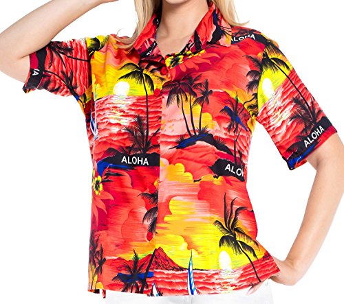 Womens Hawaiian Holiday Vacation Shirt Blouse Top Short Sleeve V Neck Button up Work Beach Party Collar Office Aloha S-UK Size:14-18 Blood Red_W928