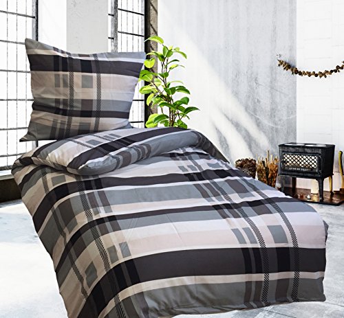 2 teilige Mikrofaser Bettwäsche 135×200 cm kariert grau weiß Set mit Reißverschluss - 2
