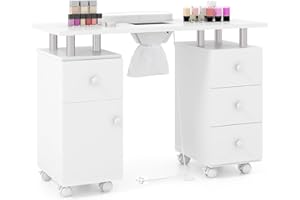 Multigot Professional Manicure Table, Mobile Nail Desk with Electric Dust Collector, 3 Dust Bags, Wrist Rest, Cabinet, 4 Drawers & 8 Lockable Wheels, Nail Art Workstation for Spa Salon (White)