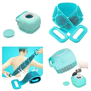 housonic 2 Pcs Combo Silicone Body Back Scrubber, Double Side Bathing Brush For Skin Deep Cleaning Massage, Dead Skin Removal Exfoliating Belt For Shower, Easy To Clean,body Brush For Bathing / Silicone Body Scrubber And Bath Brush with Soap Dispenser | Bath Body Cleaning Belt | Skin Brush Belt For Skin | Bathing |For Kids Men And Women [ Multi Color ]