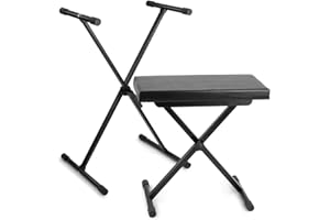 Vonyx set soporte y banco teclado ajustable | Altura regulable, asiento acolchado, antideslizante, plegable, fácil de transportar, ideal para casa o escenario