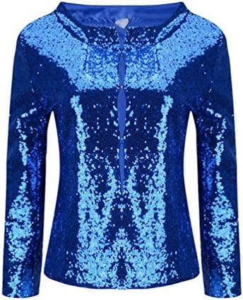 Lihaer Women's Sparkly Sequin Bomber Jacket Long Sleeve Zipper Front Lightweight Bomber Jacket Zipper Blazer Jacket Blue L