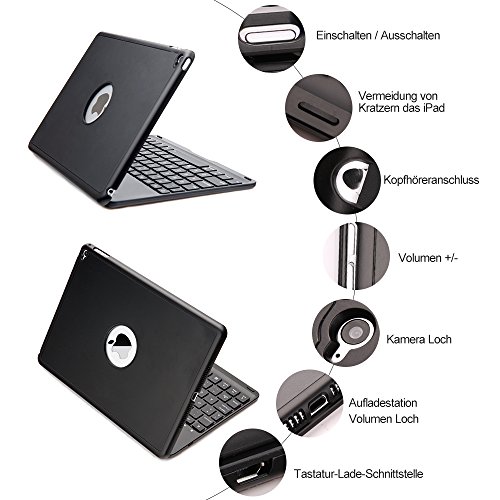 iPad Air 2 Tastatur Case Hülle, iEGrow F8S+ Deutsche Bluetooth Tastatur-Fall Case Cover mit 7 Farben Hintergrundbeleuchtung für iPad 6, Schutzhülle mit mit Auto Wake / Schlaf Funktion [QWERTZ Deutsches Tastaturlayout] Schwarz - 2