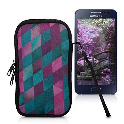 kwmobile Custodia in neoprene con zip per smartphone M - 5,5 - porta cellulare a sacchetto con cerniera - custodia verticale con Design mosaico multicolore fucsia menta