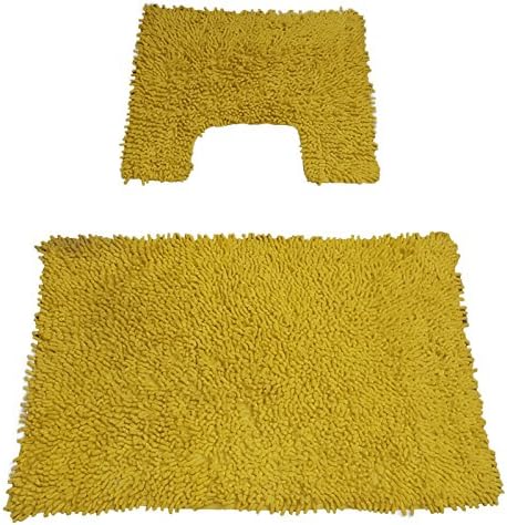 Yellow Shaggy Bath 100% Cotton 2 Pcs Bath &amp; Pedestal Bathmat Set Chenille Shaggy Rug Bathroom Bath Mat Set by Quality Linen and Towels