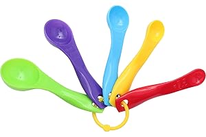 SAIZONE Colorido juego de cucharas medidoras de plástico de cinco piezas, cuchara medidora para cocinar, hornear, dosificador, cuchara de plástico, cucharas para hornear de cocina, medir en diferentes tamaños
