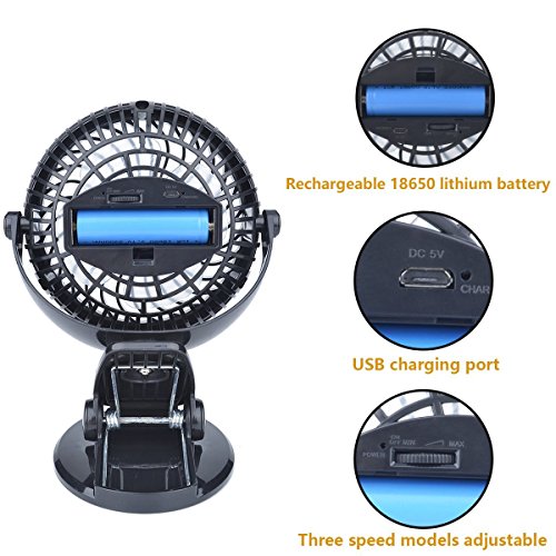 Mayoga F802 Tragbar USB Mini Klammer Fan / Handheld Aufladen Lithium-Ionen-Akku Ventilator – Geräuscharmer 360-Grad-Winkel Einstellen Luftstromsteuer (Schwarz) - 7