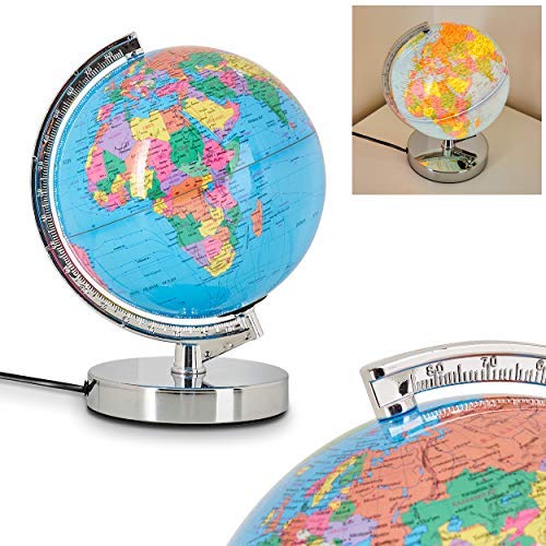 Globe terrestre lumineux Globus en métal chromé et plastique avec variateur d'intensité tactile 3 niveaux, requière une ampoule E14 max 30 Watt, idéale pour une chambre d'enfant