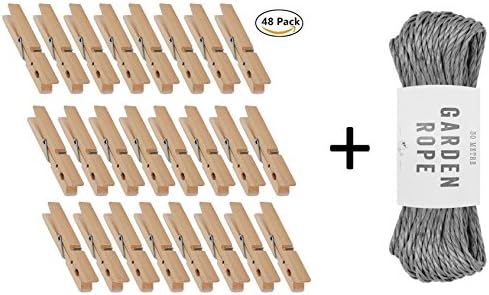 Strong Waterproof Polypropylene Garden Rope Stone 30m + Durable Wooden Clothes Pegs 48 Pack - Aywav ® (Pegs + 30m Grey Rope)