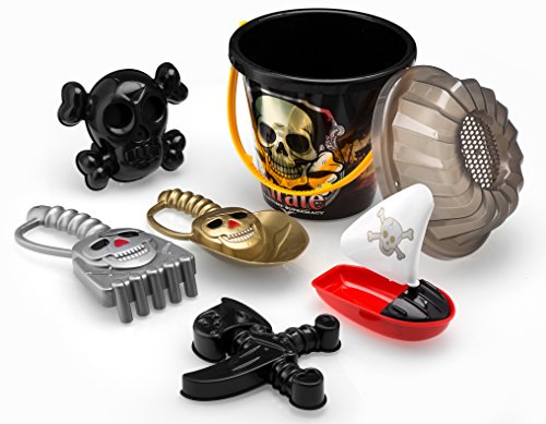 ToyZe 6 Piece Pirate Set Sand Toys, Pirate Beach Bucket Set, Create Pirate Sand Molds at the Beach Packed in Large 7 Inch Beach Pail
