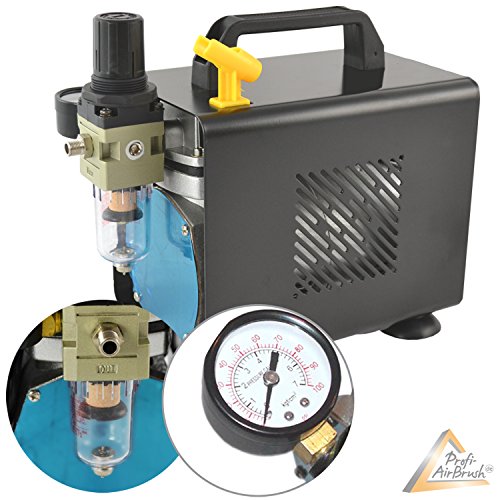 PROFI AIRBRUSH SET ULTIMATE Set I mit 6* TATTOO und 4* FARBEN KIT mit sehr leisem AIRBRUSH KOMPRESSOR, UNIVERSAL AIRBRUSH PISTOLE DOUBLE ACTION inkl. 3 Düsen + Nadeln + Fliesbecher + Glas und Druckluftschlauch integr. 2 fach Airbrush HALTERUNG - 2