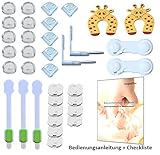 Premium Baby Kinder Sicherheitsset 35-teilig, 10x Steckdosenschutz, 16x Eckenschutz, 2x Schrankschloss, 2x Klemmschutz, 5x Schubladensicherung, Bonus: Bedienungsanleitung mit Ratgeber Checkliste