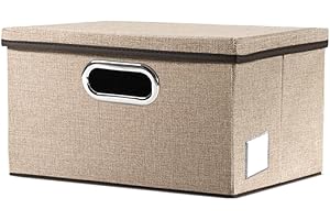 PRANDOM Aufbewahrungsbox mit Deckel,Faltbarer Leinen Stoff Aufbewahrungsboxen, Aufbewahrungskorb mit Griff,Dekorative Stapelboxen,Organizer Container,Khaki[1-stück] 29x22x17cm