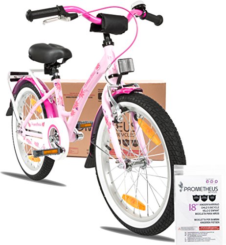 PROMETHEUS Kinderfahrrad 18 Zoll Mädchen in Rosa Lila & Weiß mit Gepäckträger, Aluminium Seitenständer | V-Brake und Rücktrittbremse | ab 6 Jahren | 18″ Classic Edition 2017 - 2