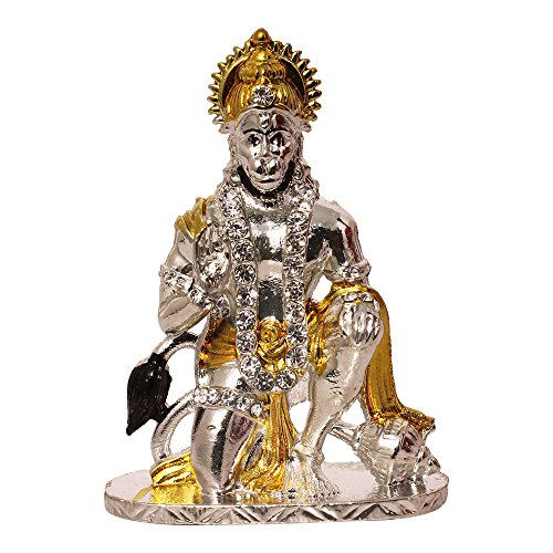 Art N Hub Brass 24K Gold Plated & Silver Plated With Stones Hindu God Hanuman Car Dashboard Idol Lord Mahavir Statue
