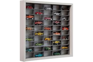 Decographics | Estante Expositor H50 | Compatible con Hot Wheels | Capacidad 50 Coches | Vitrina para colección | Organizador de Coches (Blanco Interior Gris)