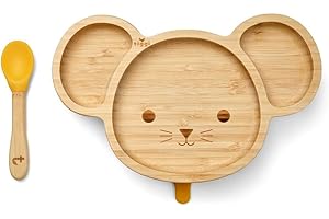 Tiggi Bamboo Baby Suction Plate - Complete Weaning Set | Strong Suction, BPA-Free | Bamboo Plates Baby | Ideal Baby Suction Plate for Easy Feeding (Mouse, Yellow)