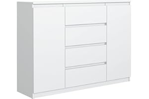 ‎MEBLE MASZTALERZ meble masztalerz Kommode Weiss mit 4 Schubladen und 2 Türen 120 cm, Sideboard Wohnzimmer, Schlafzimmer H: 101,5 cm, B: 120,4 cm, T: 39 cm, Kommode mit Schubladen, Schubladenschrank