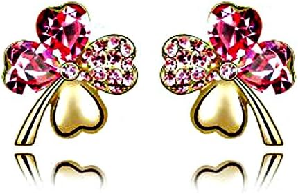 Pink Crystal Four Leaf Clover Love Heart Gold Plated Earring