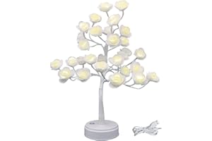 ITICdecor Rose Fleur Arbre Chevet Lumières Noël Bonsaï Lampe USB Alimenté Par Pile Halloween 30LED Table Bureau Léger Saint Valentin Cadeau Chambre Décoration Plastica Blanc