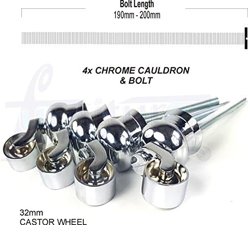 4x CHROME CASTOR SOCKET &amp; WHEEL WITH A 190-200mm BOLT FOR FURNITURE BEDS, SOFAS CHAIRS STOOLS ECT - CWC_CHC